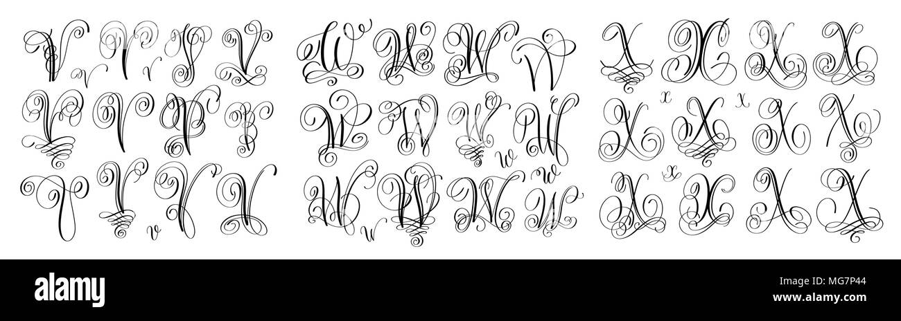 Lettres calligraphie set V, W et X, script Illustration de Vecteur