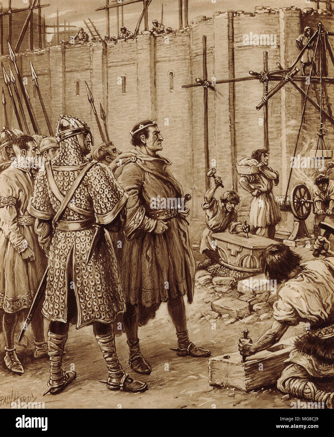 Guillaume le Conquérant les oublis construction d'une tour à Londres en 1078 avec des murs de 15 pieds d'épaisseur. À partir d'une peinture originale de Paul Hardy. Banque D'Images
