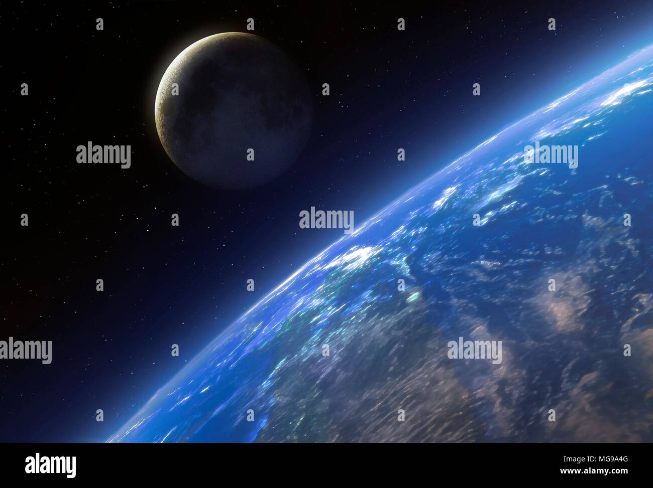 La Terre et la Lune vue de l'espace, de l'illustration. Banque D'Images
