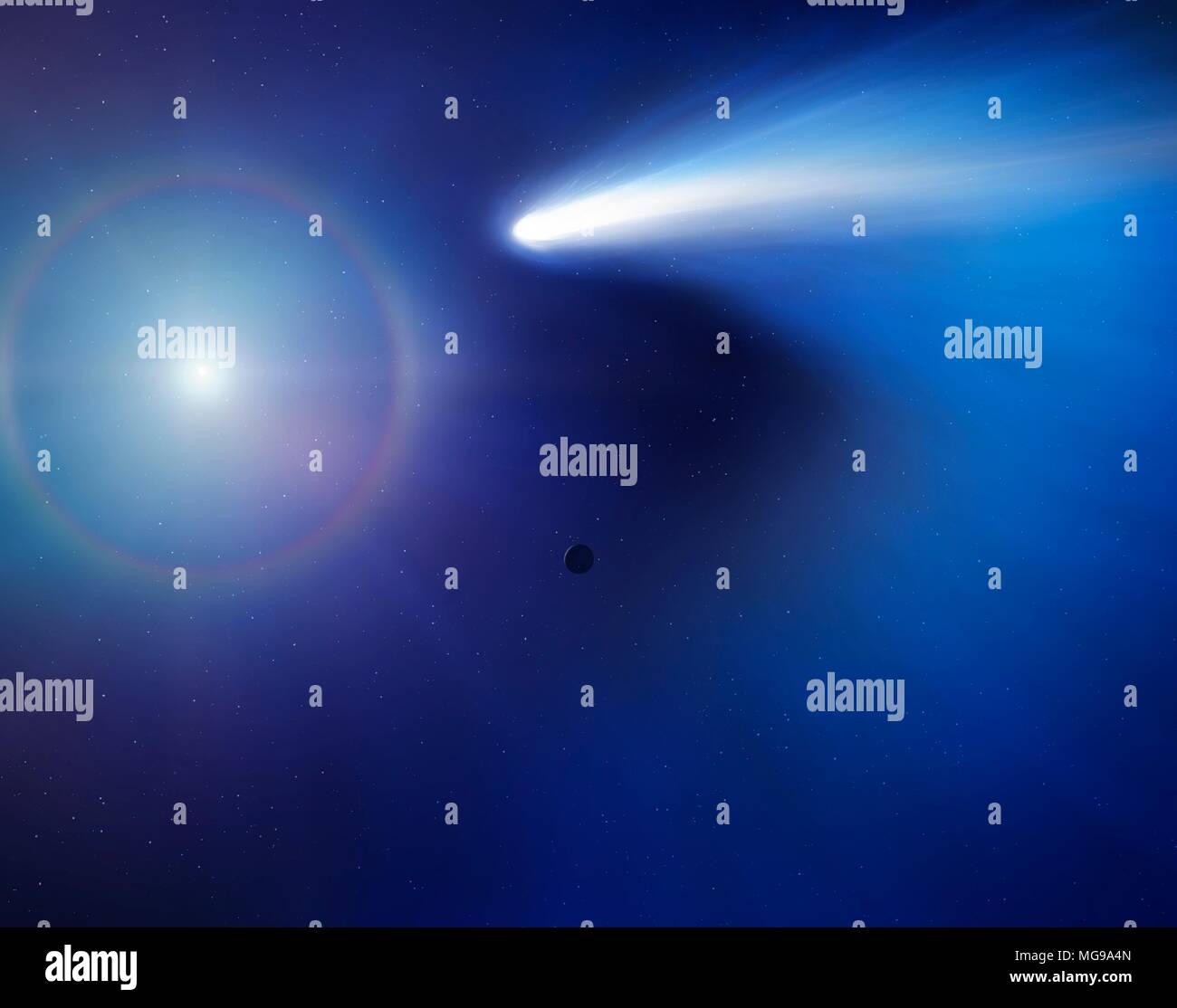 Illustration d'une comète passant la planète la plus interne, le mercure, et ne s'approche du Soleil. Banque D'Images