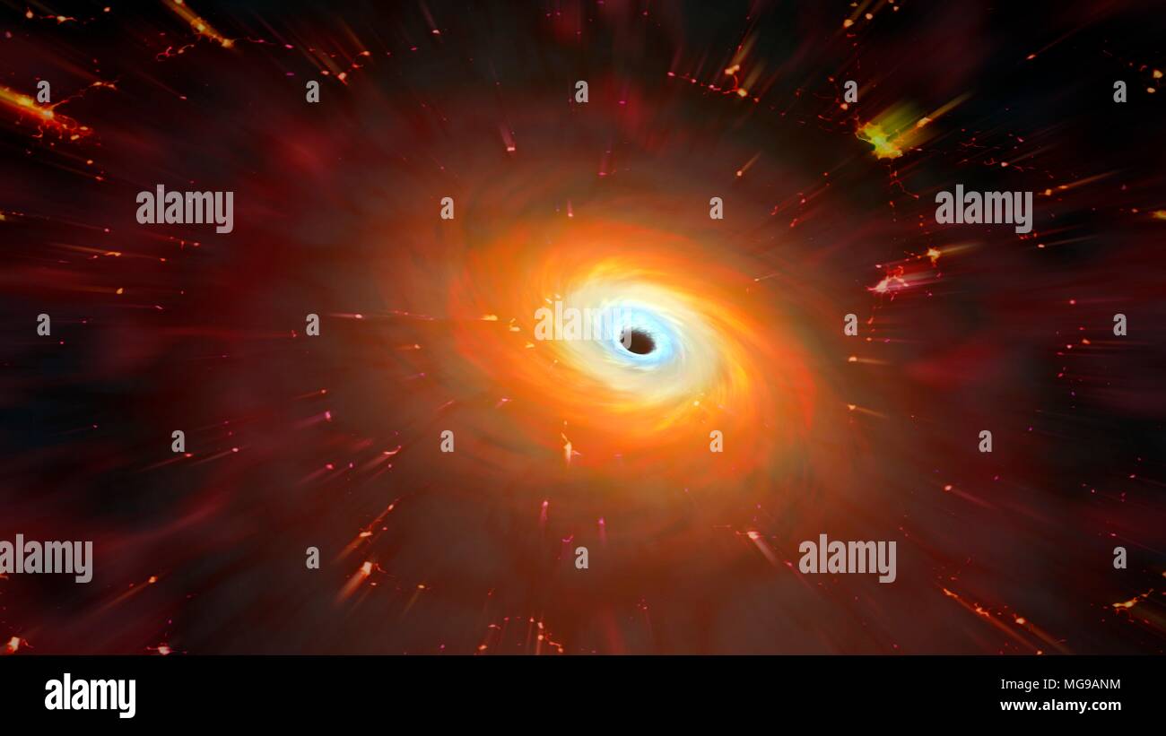 Trou noir, illustration. Un trou noir est un objet (généralement un collapsus star) tellement compact qu'rien ne peut échapper à son attraction gravitationnelle. Pas même la lumière. Sur la terre un objet doit être lancé avec une vitesse de 11 kilomètres par seconde si c'est pour échapper à la gravité de la planète et rendez-vous en orbite. Mais la vitesse d'échappement d'un trou noir est supérieure à la vitesse de la lumière. Puisque rien ne peut voyager plus vite que cette vitesse ultime, trous noirs sucer en tout, y compris la lumière, ce qui les rend totalement invisible et sombre. Banque D'Images
