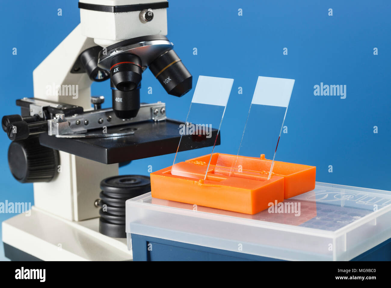 Microscope optique et diapositives. Banque D'Images