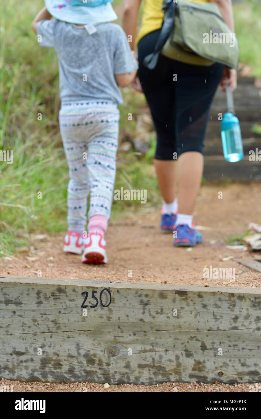 Mère et enfants de marcher sur un chemin à travers les forêts, les sentiers de randonnée Mount Stuart, Townsville, Queensland, Australie Banque D'Images