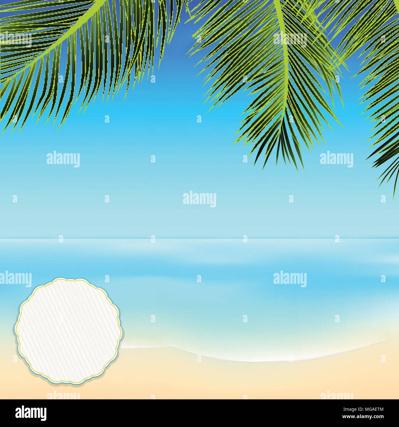 Scène d'Été tropical avec palmier Cadre du haut Ciel Bleu Mer et Copie Espace Blank étiquette circulaire Illustration de Vecteur