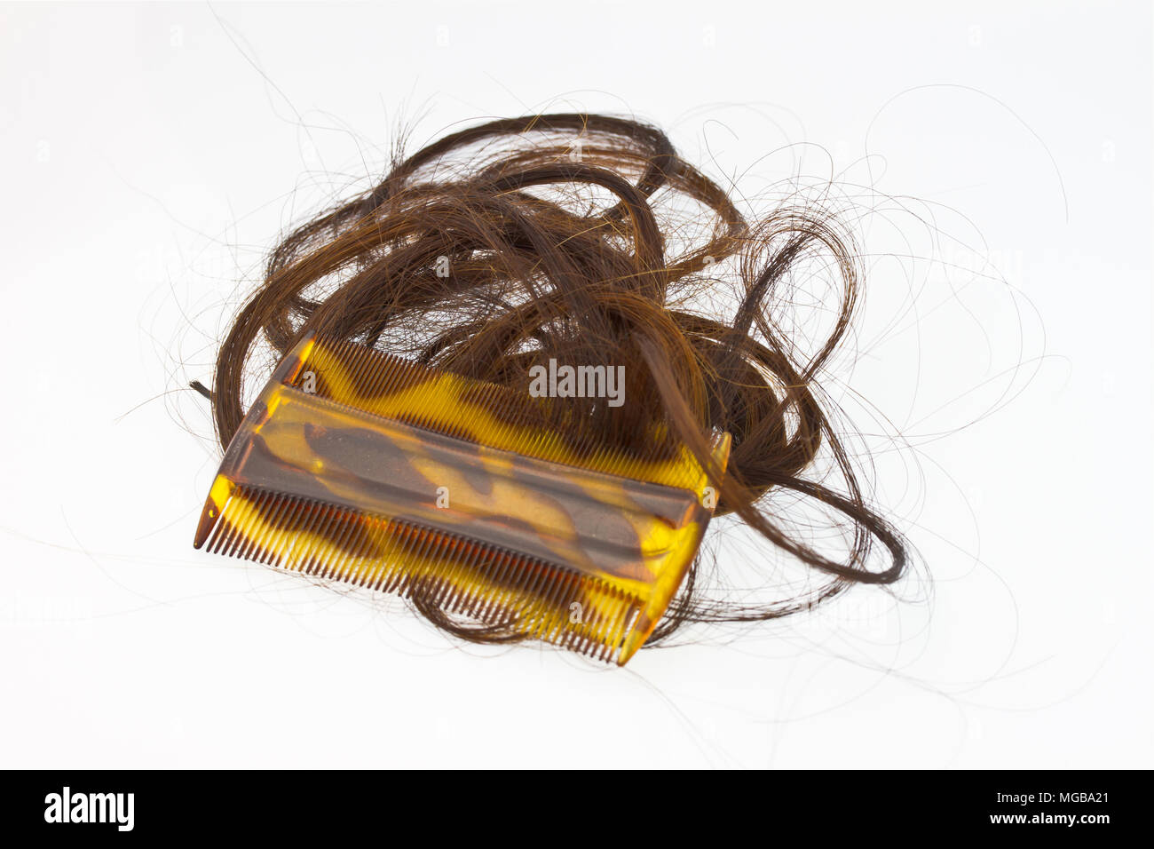 Peigne et cheveux sur fond blanc Banque D'Images