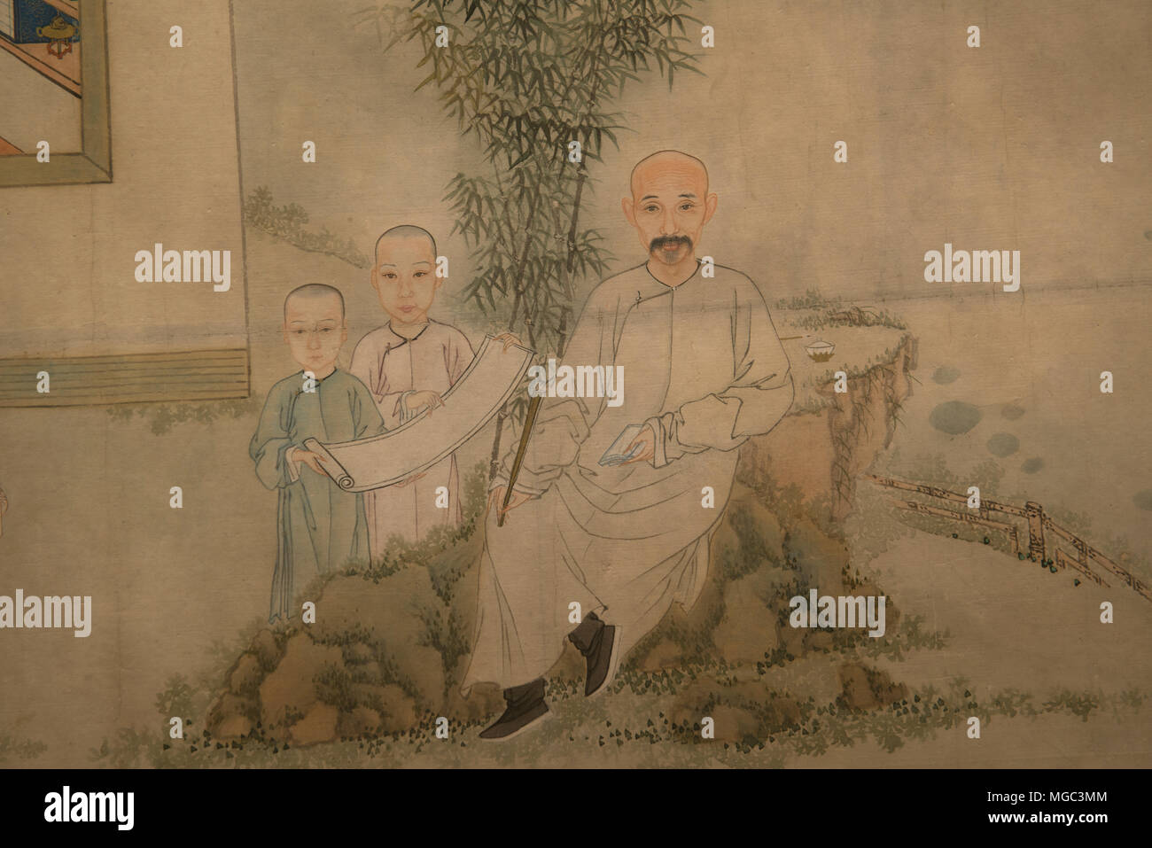 Partie de la peinture des fêtes de famille par Chen Chunfan au cours de 1877-1888. Jeune maître Huang Binhong peinture(milieu) avec son père et son frère. Banque D'Images