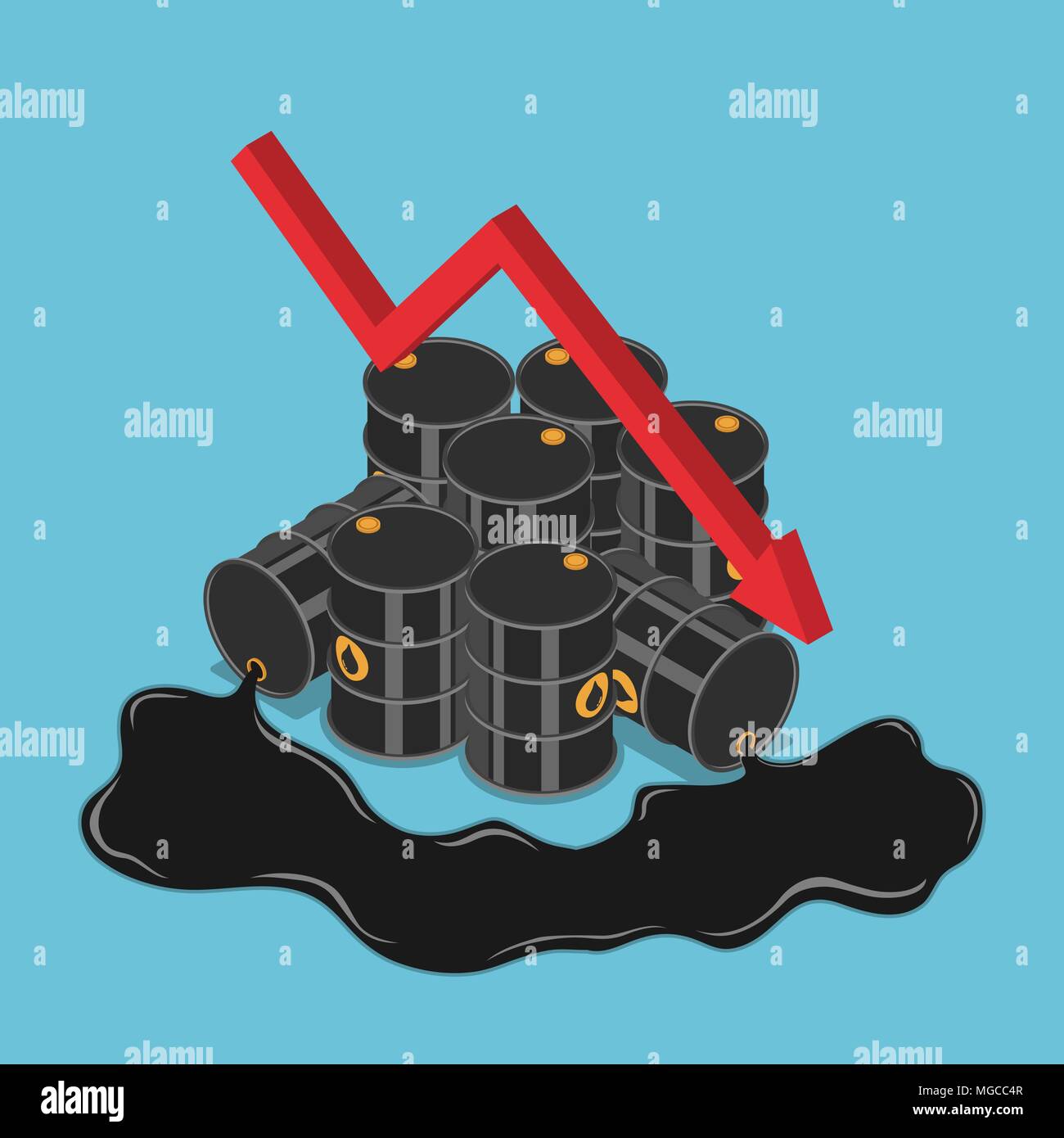 Télévision 3D isométrique de barils de pétrole à la baisse graphique. Baisse du prix du pétrole et de l'industrie pétrolière concept. Illustration de Vecteur