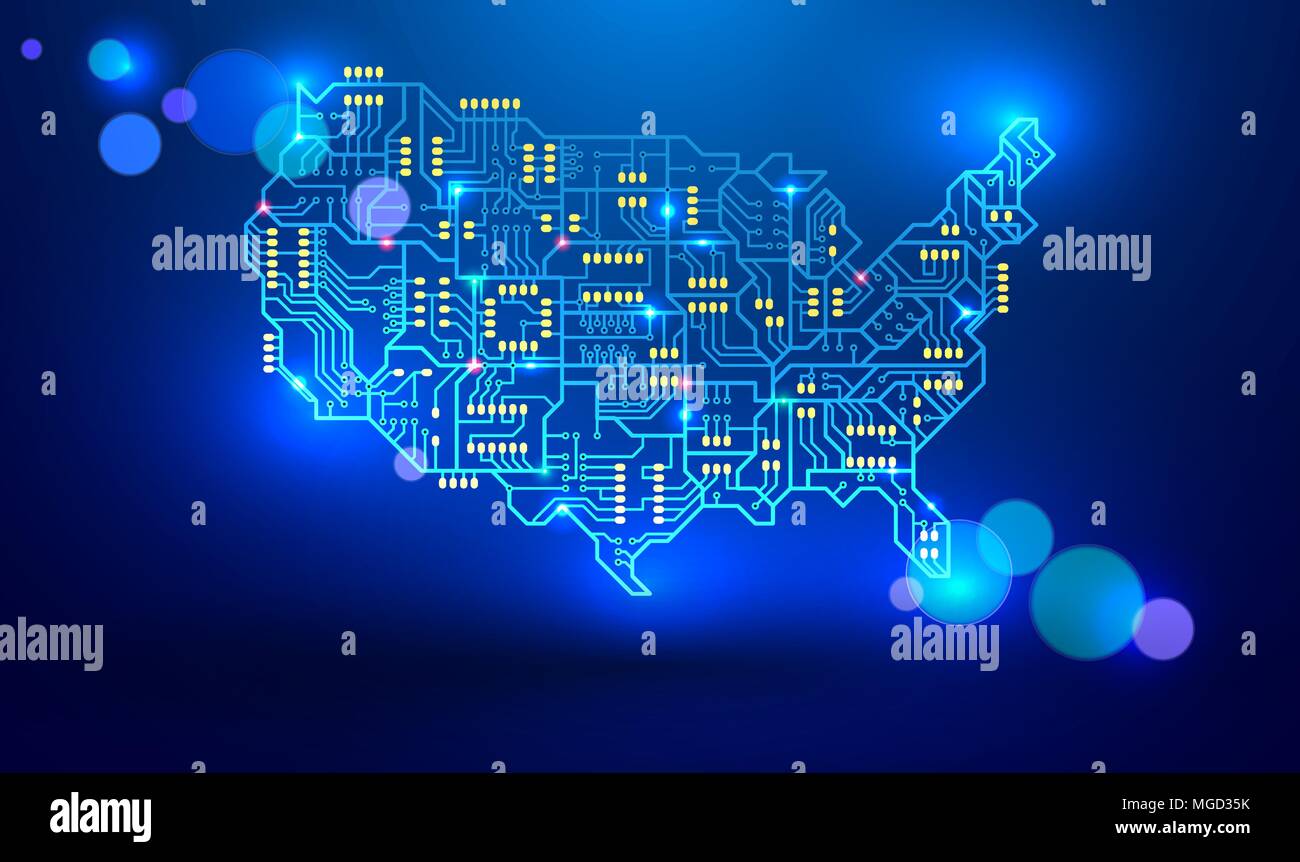 La carte des États-Unis comme une carte à circuits imprimés. vector illustration. L'industrie électronique d'Amérique. les signaux lumineux sont transmis par les conducteurs et pa Illustration de Vecteur