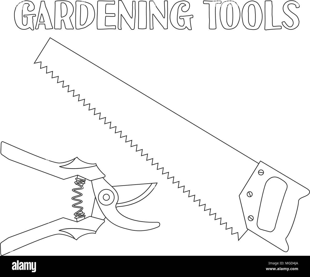 Les dessins au trait noir et blanc ensemble d'élagage des arbres. Secateur et voyait. La page de coloriage pour adultes et enfants. Outil de jardin pour l'illustration vectorielle ce carte cadeau Illustration de Vecteur