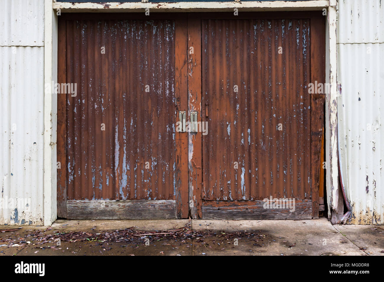 Un ensemble de portes de grange hangar surmonté avec la peinture s'est évanouie comme un abstract background Banque D'Images