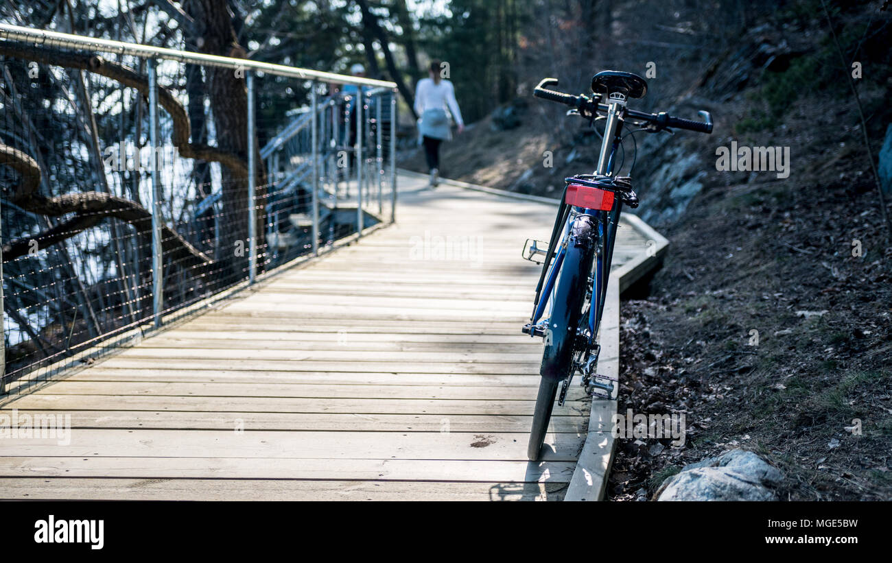 Rue Ville sport hybride vélo sur sentier en bois près de l'eau et de rivage rocailleux avec fille floue en arrière-plan Banque D'Images