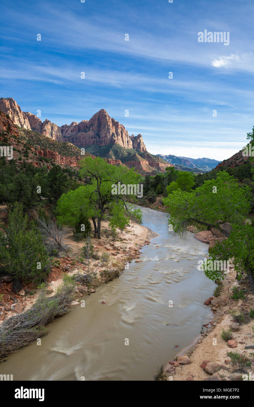 La Vierge rivière qui traverse le parc national de Zion au coucher du soleil, de l'Utah, USA Banque D'Images