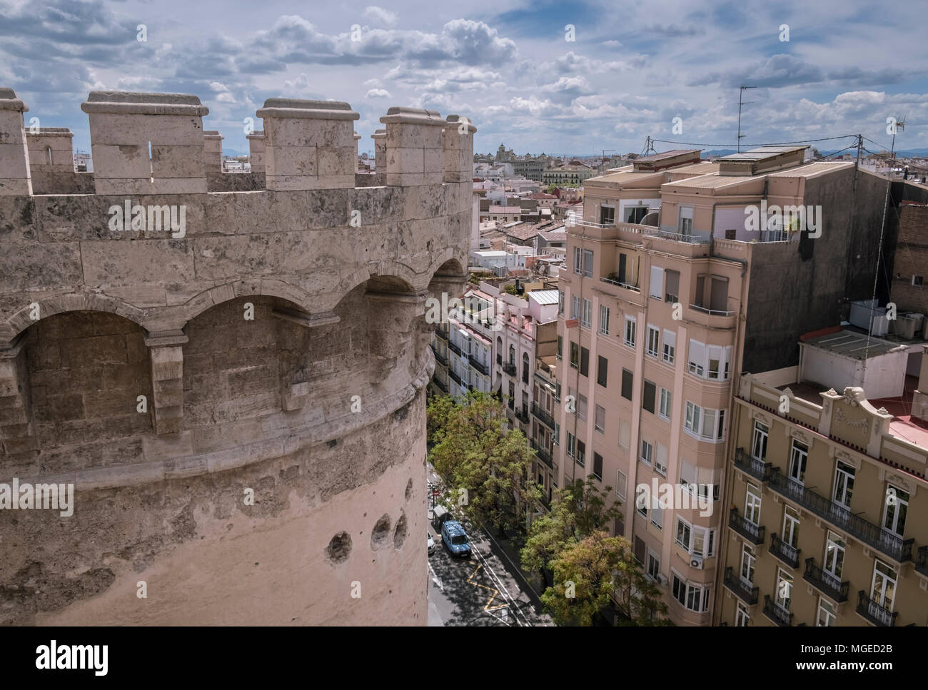 Vue de Torres de Quart (tours de Quart), partie de l'ancienne vieille ville, Guillem de Castro, Barrio del Carmen, Valencia, Espagne Banque D'Images