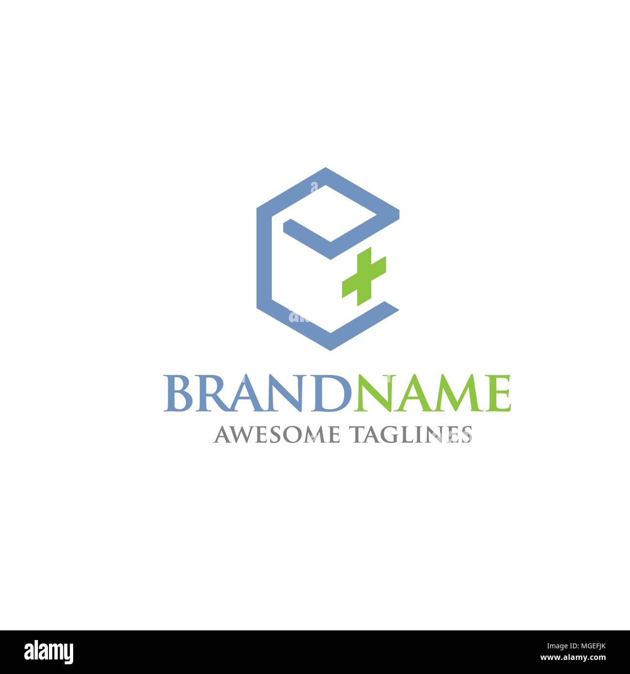 Croix de la santé avec smart 3d concept boîte carrée, lettre e carré avec croix verte Illustration de Vecteur