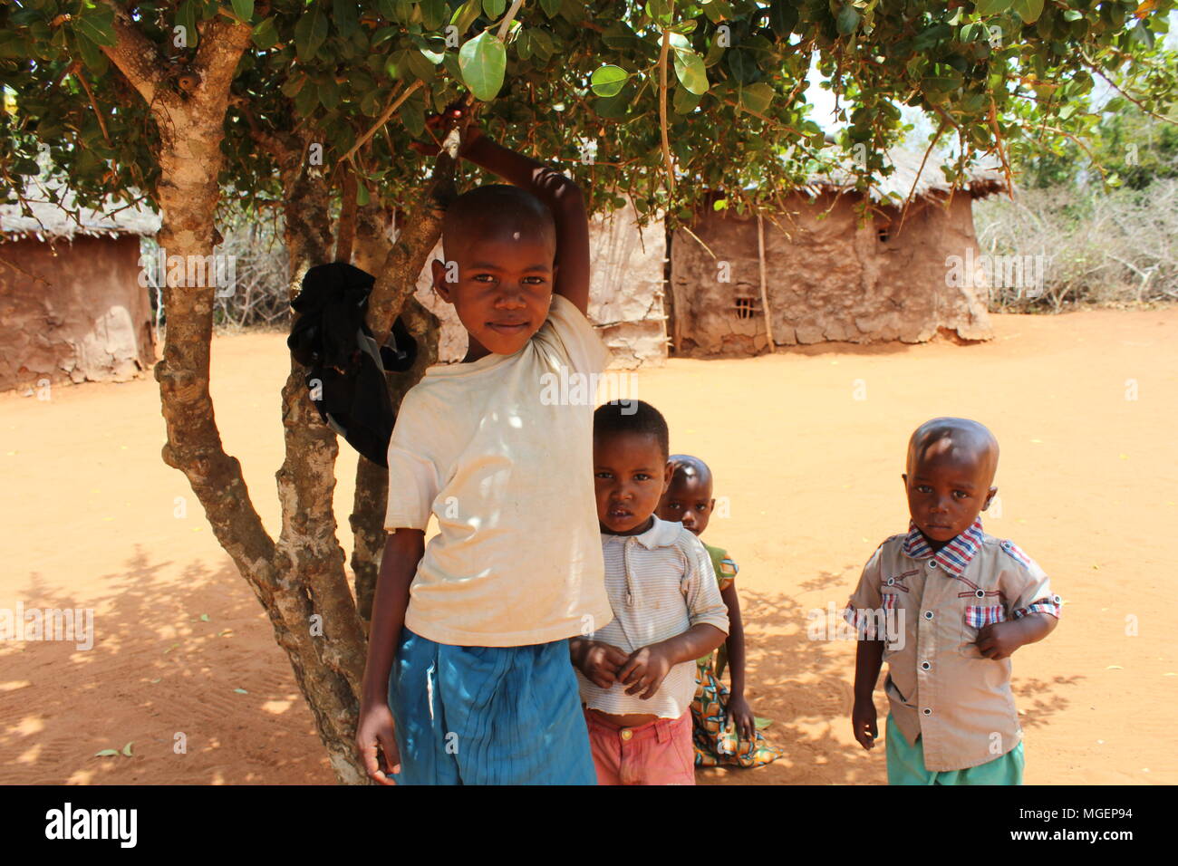 Sourire d'enfants africains dépeint sous un arbre dans un petit village africain Banque D'Images