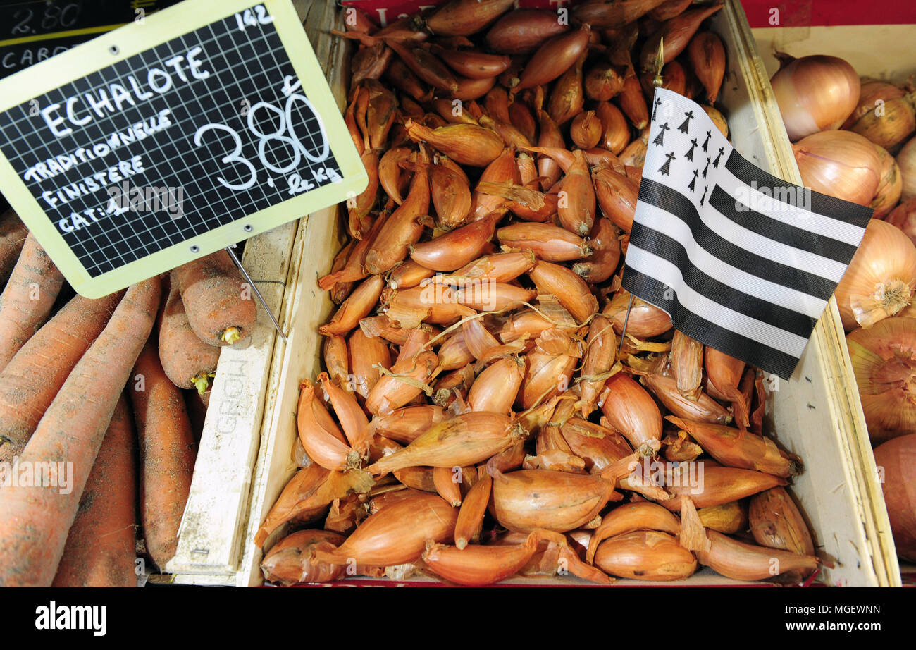 Échalotes cultivés localement à vendre ay les Halles St-Louis marché dans le centre de Brest, Bretagne, France Banque D'Images