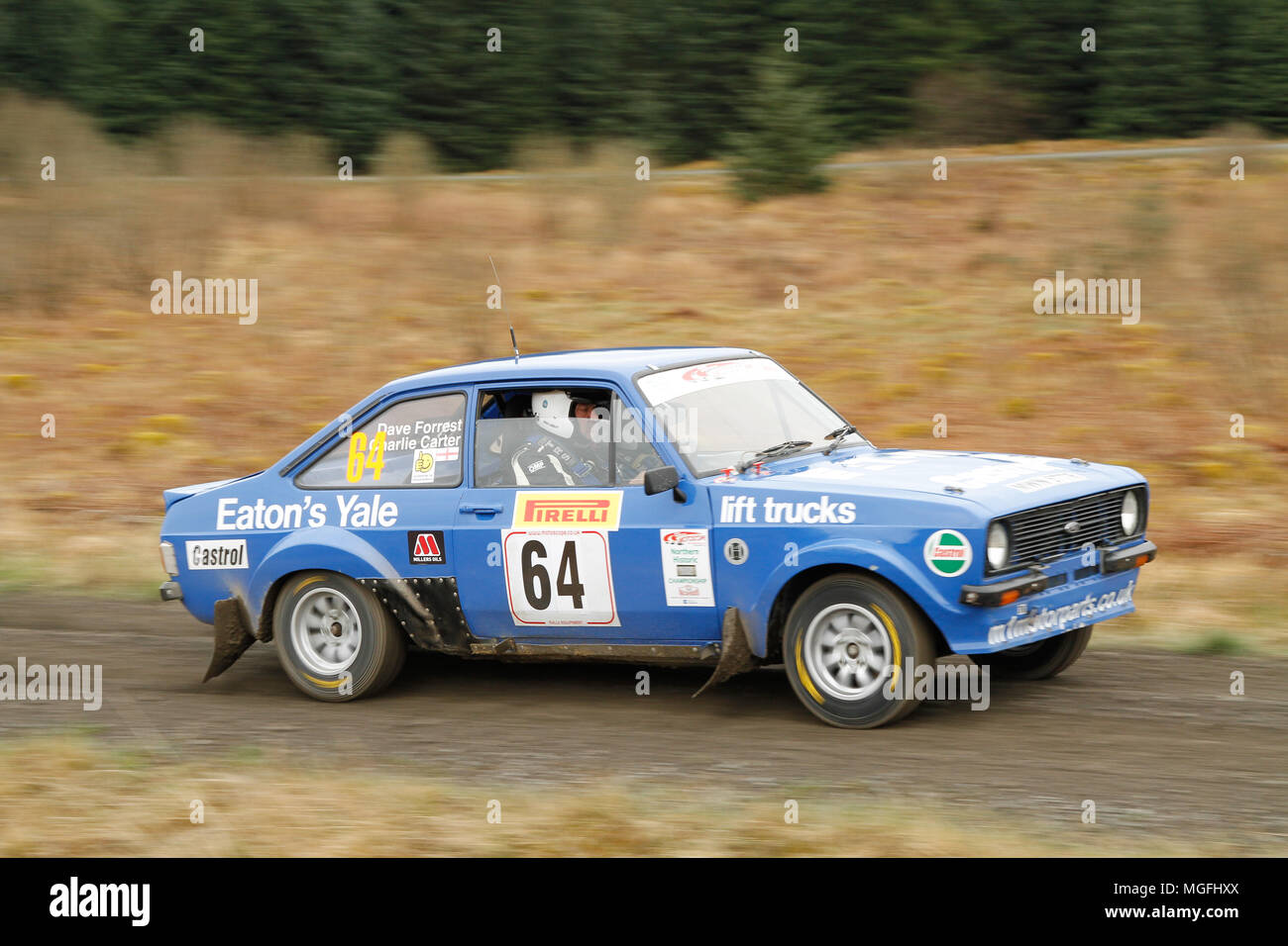 Forêt de Kielder, Northumberland, Royaume-Uni, 28 avril 2018. Pilotes de rallye dans la concurrence internationale et le Rallye Pirelli FUCHS Lubrifiant MSA British Historic Rally Championship. (Spéciale 1 - Pundershaw 1). Andrew Cheal/Alamy Live News Banque D'Images