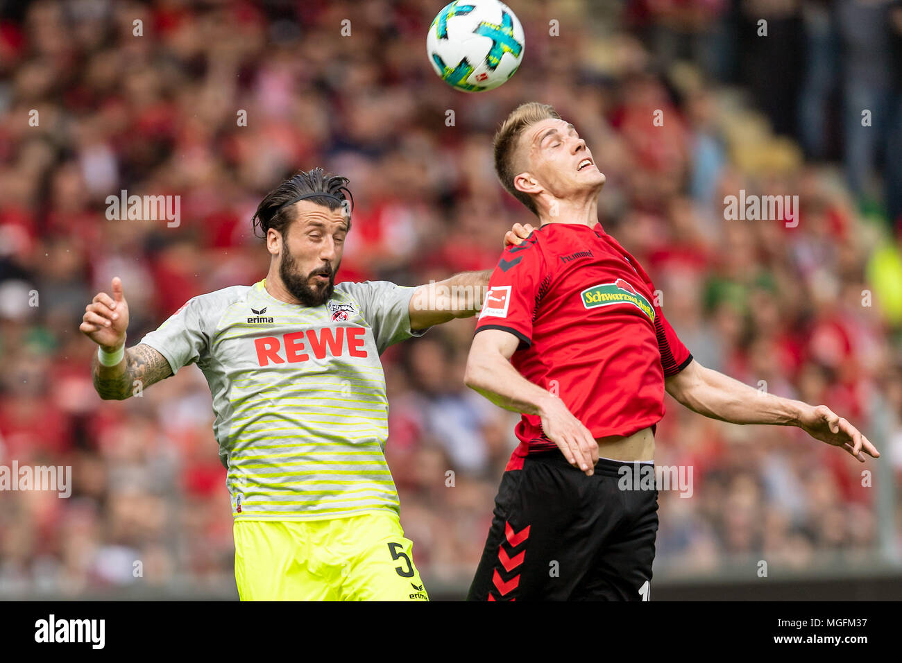 Dominic Maroh (FC Cologne) en duels avec Nils Petersen (Fribourg). GES/Soccer/1. Bundesliga : Fribourg - 1.FC Cologne, 28.04.2018 - 1ère Division Football/soccer : SC Freiburg vs 1.FC Cologne, Fribourg, Apr 28, 2018 - Le monde d'utilisation | Banque D'Images