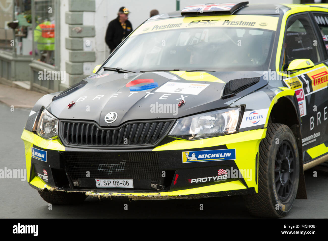 Brampton, Cumbria, Royaume-Uni, 28 avril 2018. Finition de la cérémonie le Pirelli Rallye International a eu lieu à Brampton, Cumbria. Andrew Cheal/Alamy Live News Banque D'Images