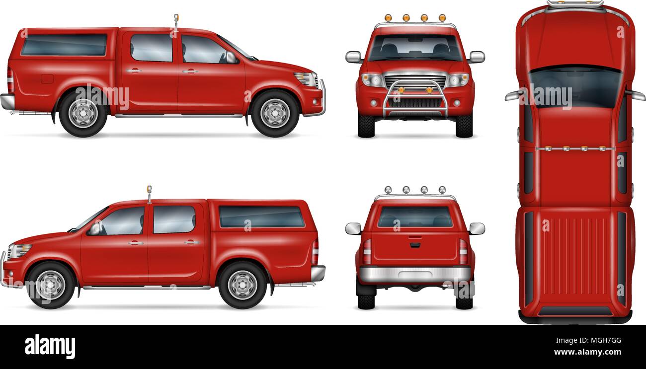 Pickup truck vector mock-up. Modèle isolé de pick up rouge sur blanc. Maquette des véhicules. Côté, avant, arrière, vue d'en haut. Facile à éditer et modifier les couleurs Illustration de Vecteur