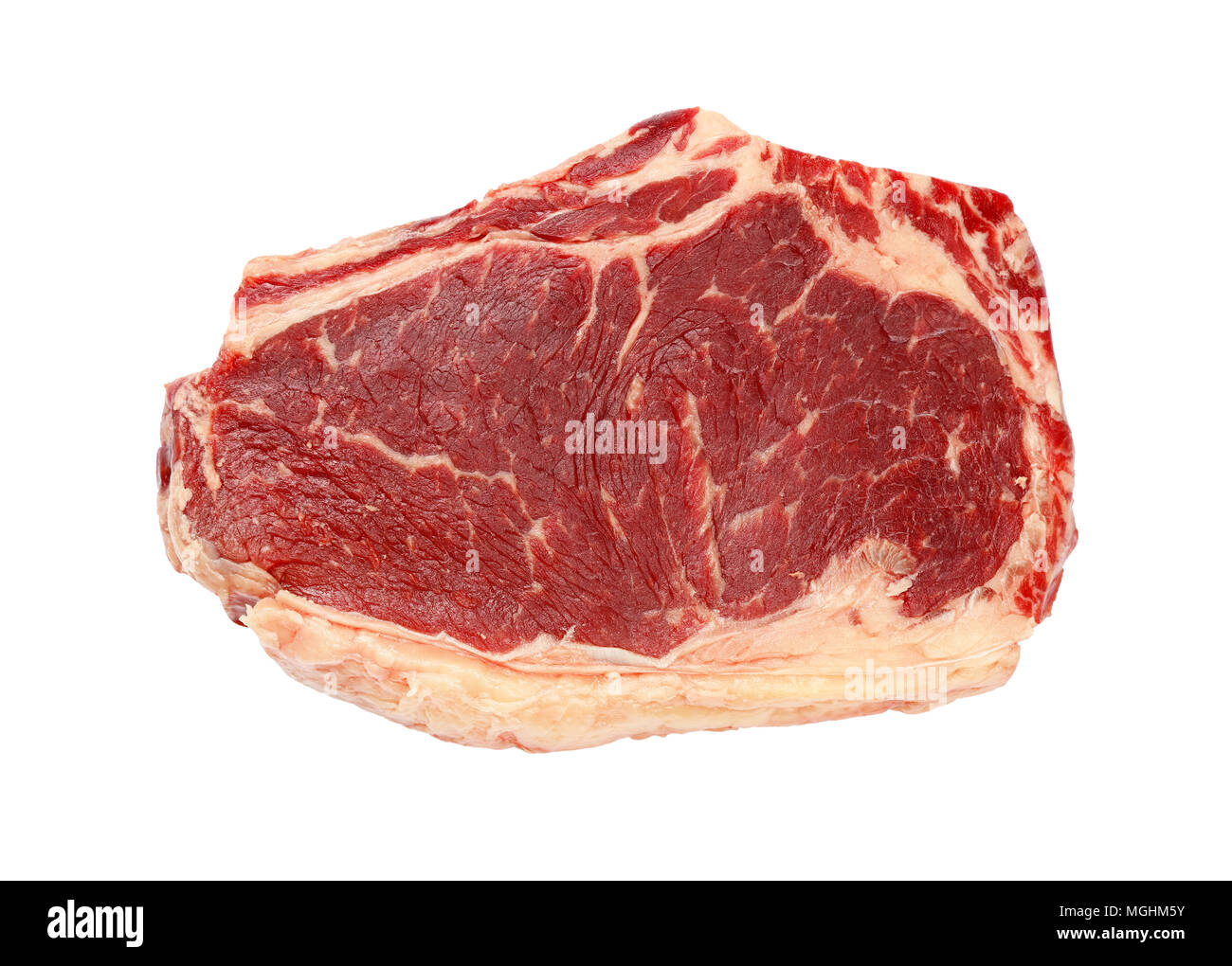 Close up one raw Ribeye Steak de boeuf avec os thoracique isolé sur fond blanc, augmentation de la vue supérieure, juste au-dessus Banque D'Images