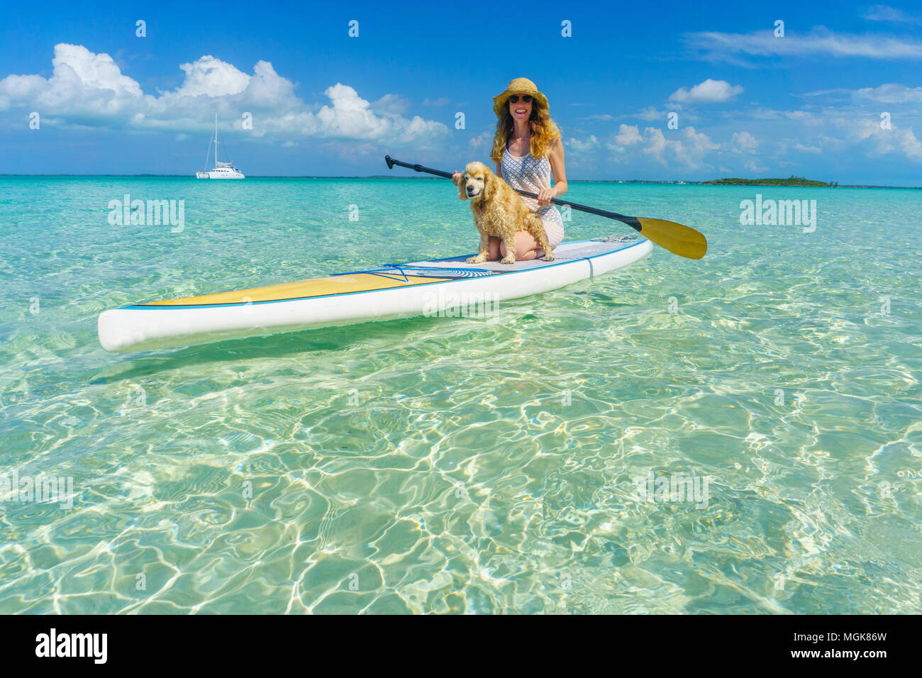 Les Bahamas - une femme blonde dans un chapeau s'assied sur un paddleboard avec son joli bronzage, cocker anglais. Voilier en arrière-plan sur l'eau vert clair à une plage de sable Banque D'Images