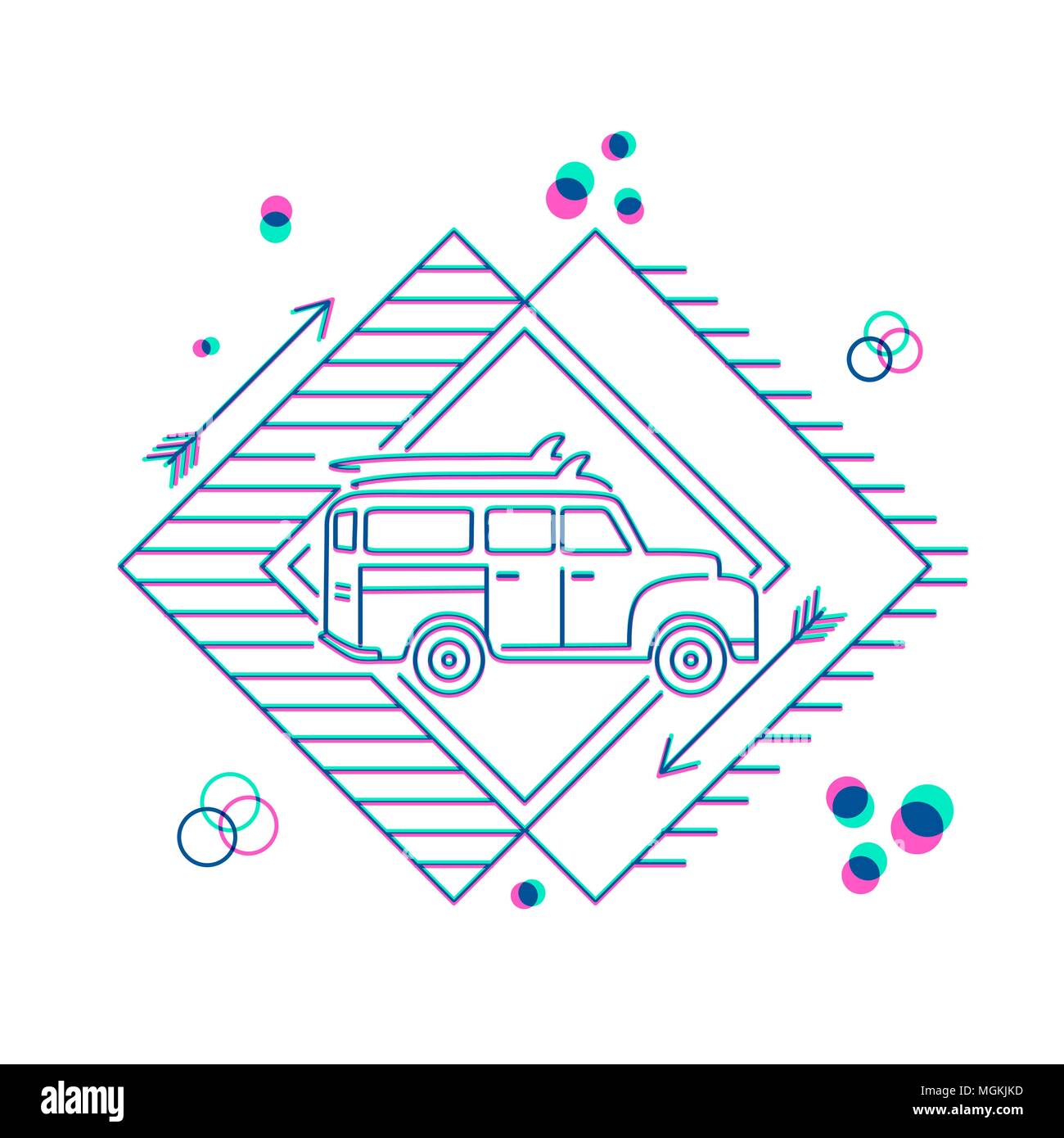 Retro design icône surfer en ligne plate style art avec location de van en prenant des planches de surf à la plage. Vecteur EPS10. Illustration de Vecteur