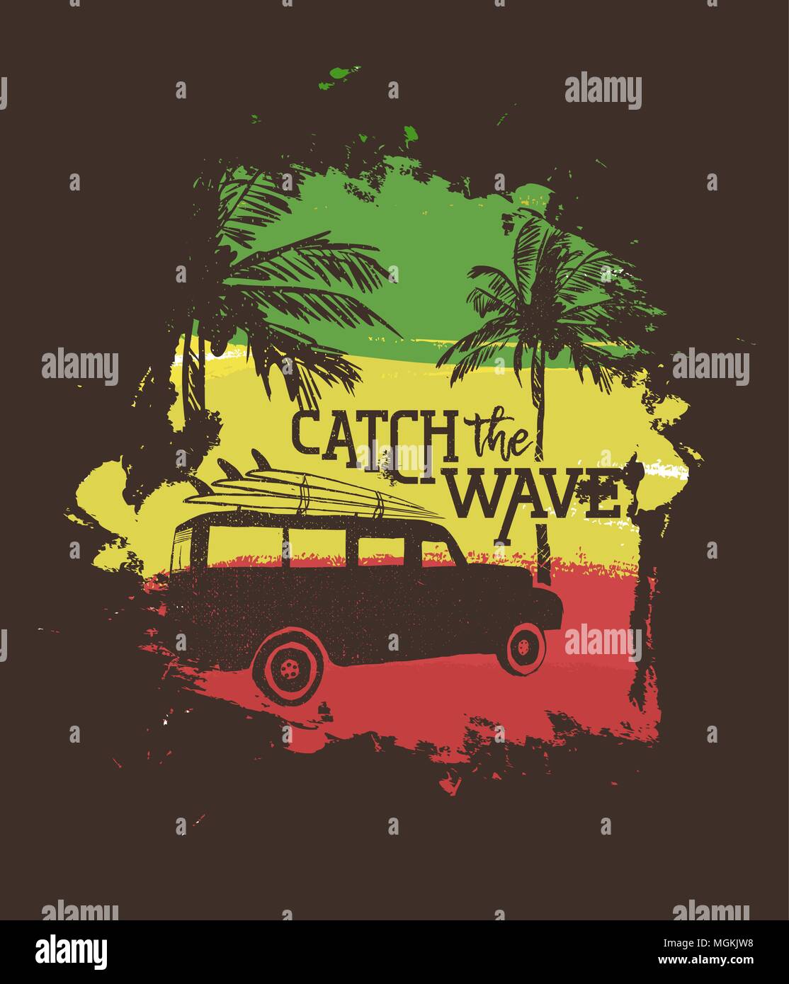 Vacances d'illustration avec texte citer, location et des planches de surf en Côte plage tropicale. Vintage design texture idéal pour l'impression textile, de l'accueil des ca Illustration de Vecteur