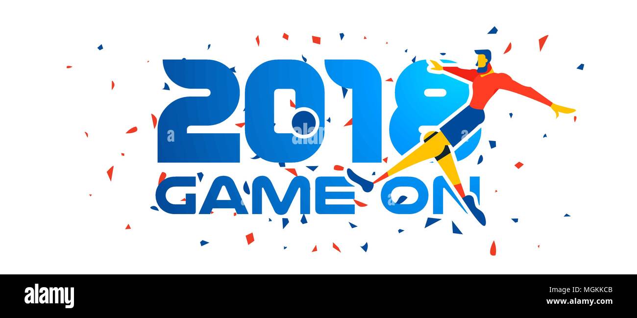 Soccer player kicking ball au match de football. Événement spécial avec bannière web bleu 2018 typographie citer et festives confetti arrière-plan. Vecteur EPS10. Illustration de Vecteur