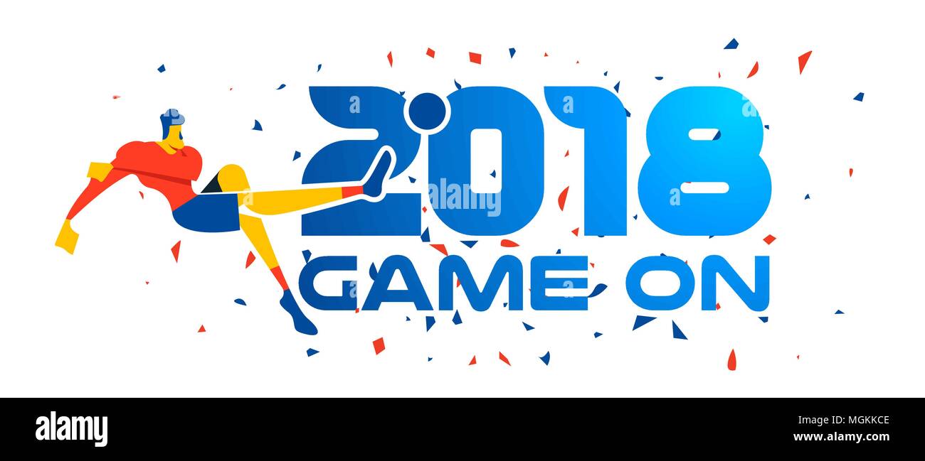 Soccer player kicking ball au match de football. Événement spécial avec bannière web bleu 2018 typographie citer et festives confetti arrière-plan. Vecteur EPS10. Illustration de Vecteur