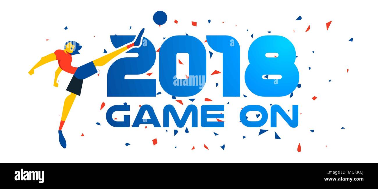 Soccer player kicking ball au match de football. Événement spécial avec bannière web bleu 2018 typographie citer et festives confetti arrière-plan. Vecteur EPS10. Illustration de Vecteur