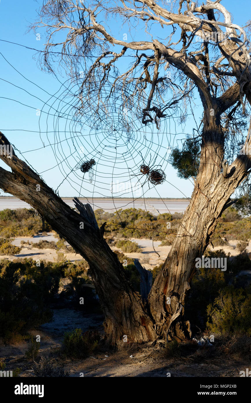Land art des araignées d'un site web en fil métallique, lac Monger, Karara, Australie occidentale Parc Parcours Banque D'Images