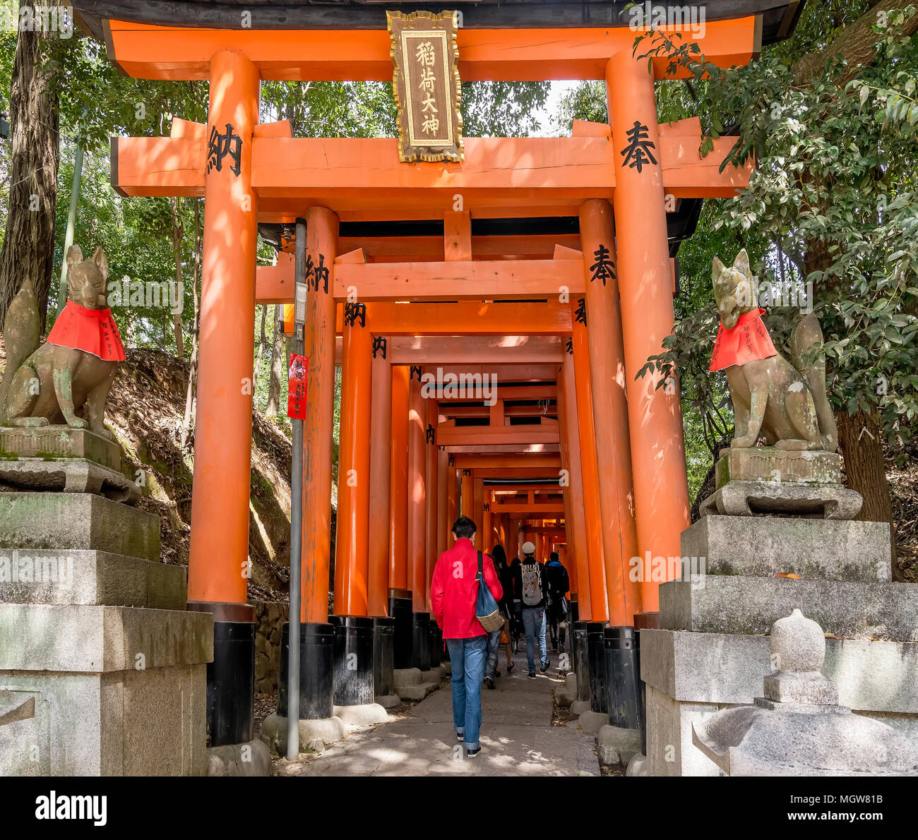 Les visiteurs à l'intérieur du célèbre sanctuaire Fushimi Inari à Kyoto, Japon Banque D'Images