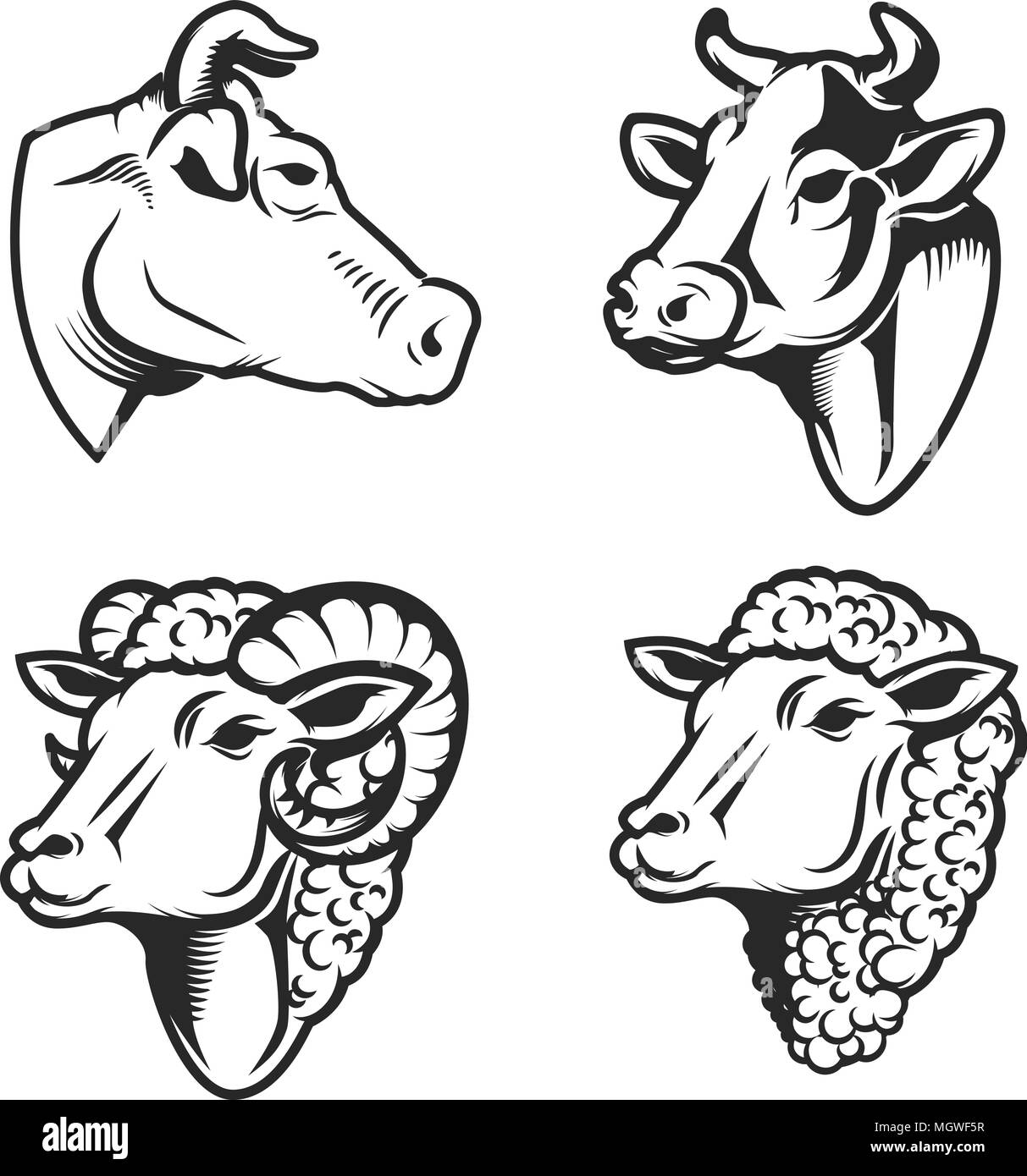 Ensemble de têtes de vache et moutons sur fond blanc. L'élément de conception de logo, étiquette, emblème, signe. Image vectorielle Illustration de Vecteur