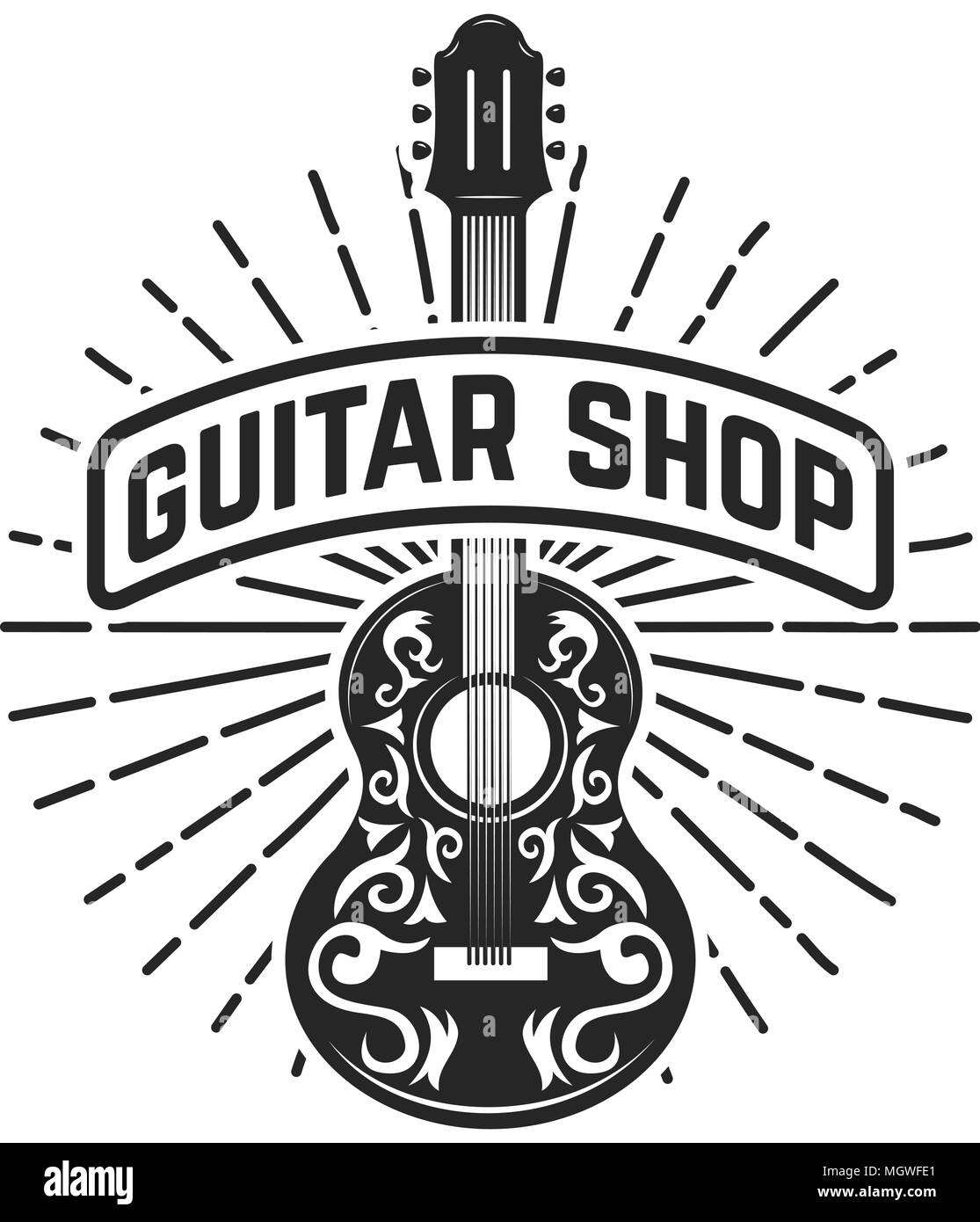 Guitar shop. Rock and Roll. L'élément de conception de logo, étiquette