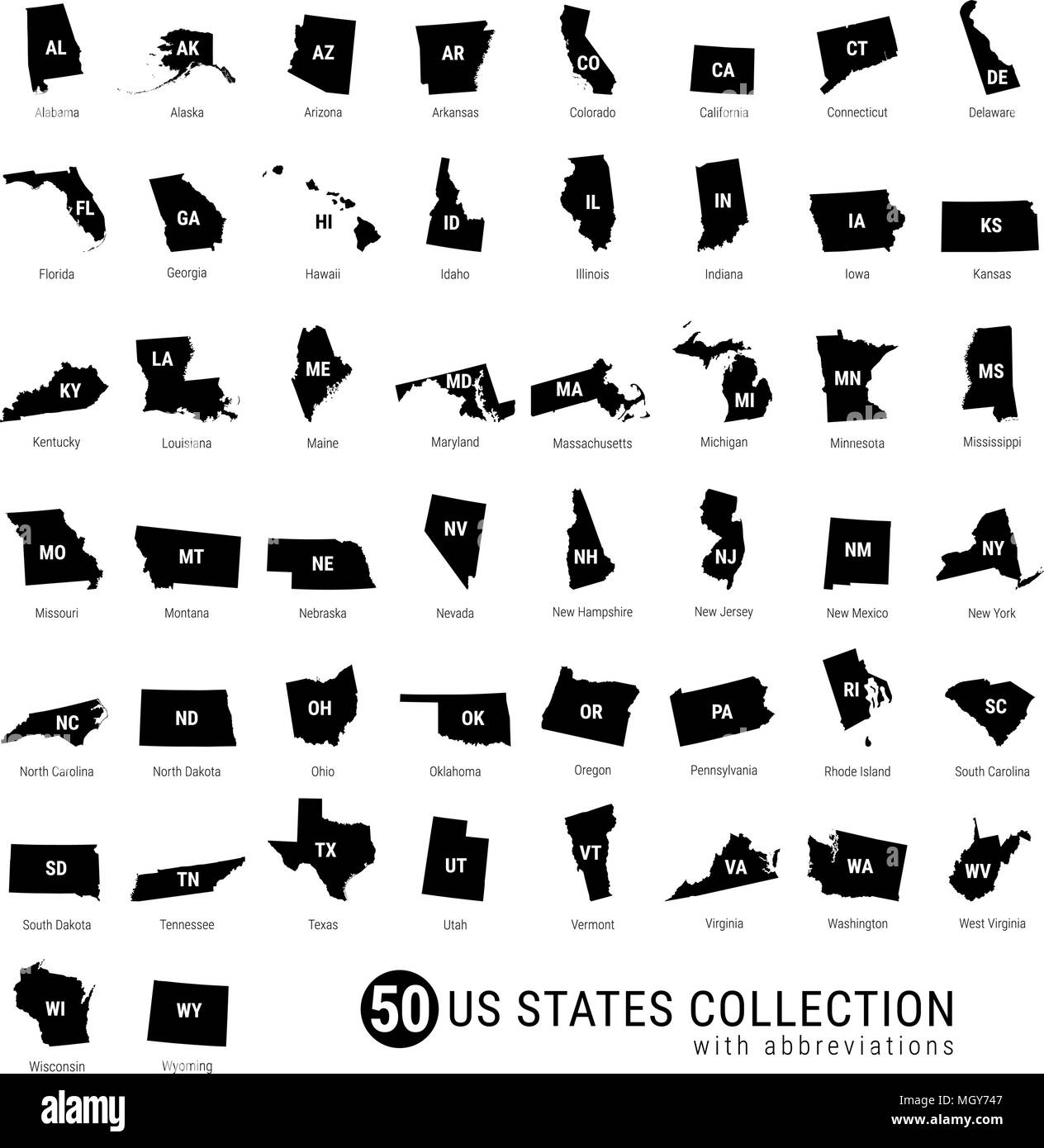 50-nous Membres Vector Collection. High-Detailed silhouette noire des cartes de tous les 50 États. US States avec Abréviations Illustration de Vecteur 50-nous Membres Vector Collection. High-Detailed silhouette noire des cartes de tous les 50 États. US States avec Abréviations Illustration de Vecteur