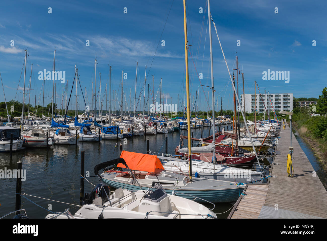 Le petit port de plaisance en Schausende, Glücksburg, Flensburg, Schleswig-Holstein, Allemagne, Europe Banque D'Images