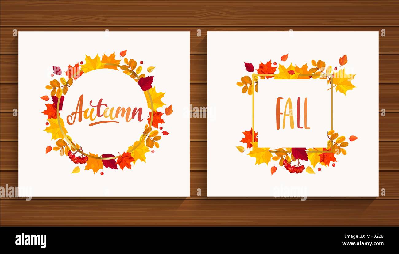 L'automne et à l'automne dans l'image des cartes à partir de feuilles d'automne sur fond de bois. Vector illustration. Illustration de Vecteur