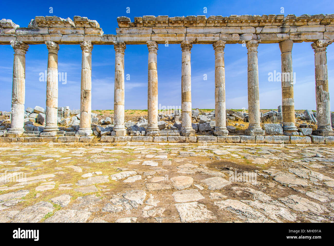 Grande Colonnade à Apamée, la principale avenue à colonnade de la ville antique d'Apamée dans la rivière Orontes Valley dans le nord-ouest de la Syrie. Banque D'Images