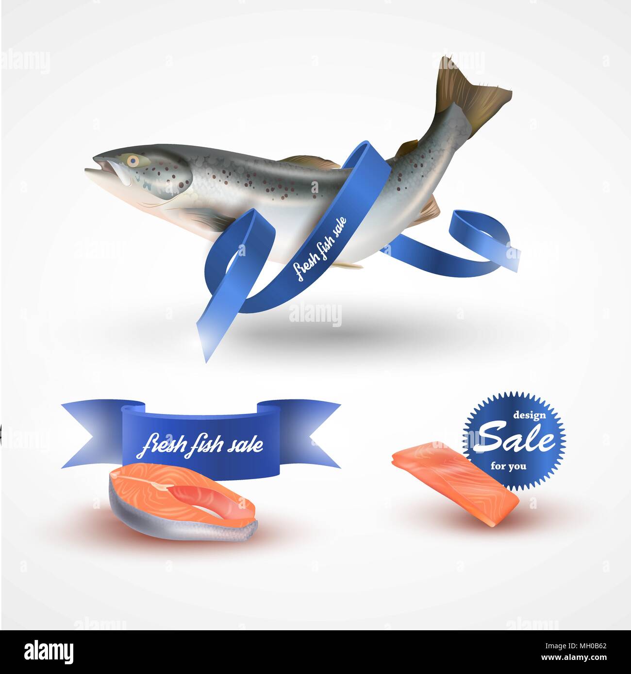 Illustration vectorielle à saumon. En filets, steak et pêcher le saumon isolé sur blanc sans ruban bleu Illustration de Vecteur