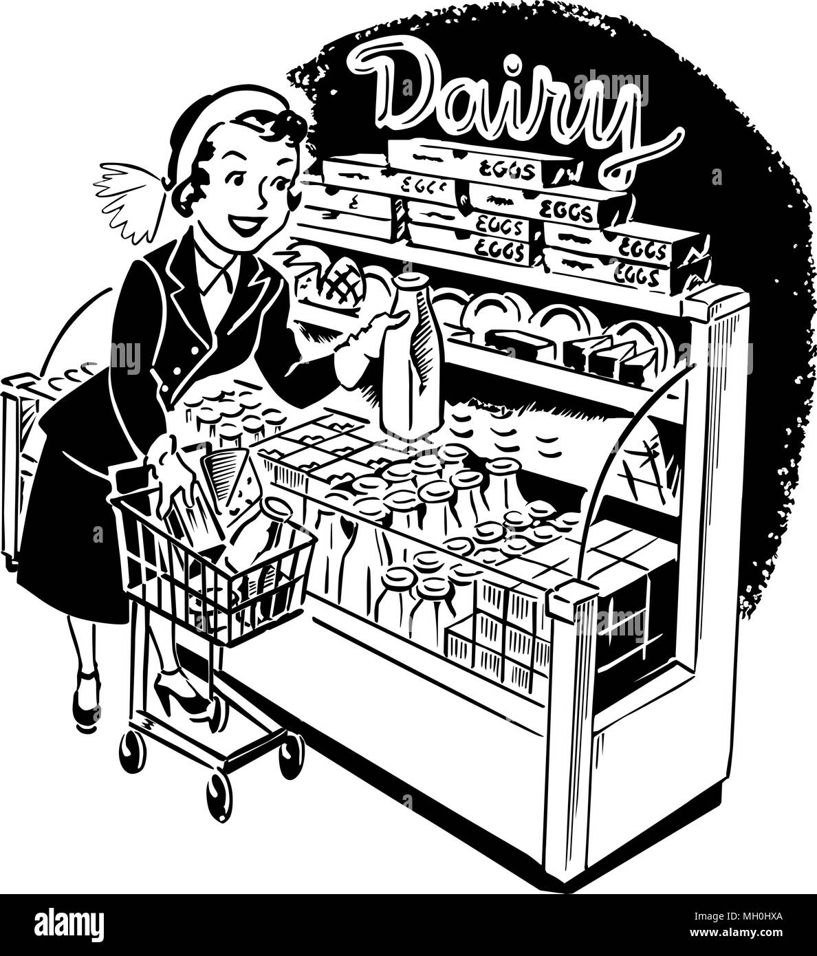 Woman Shopper à Dairy - Retro Clipart Illustration Illustration de Vecteur