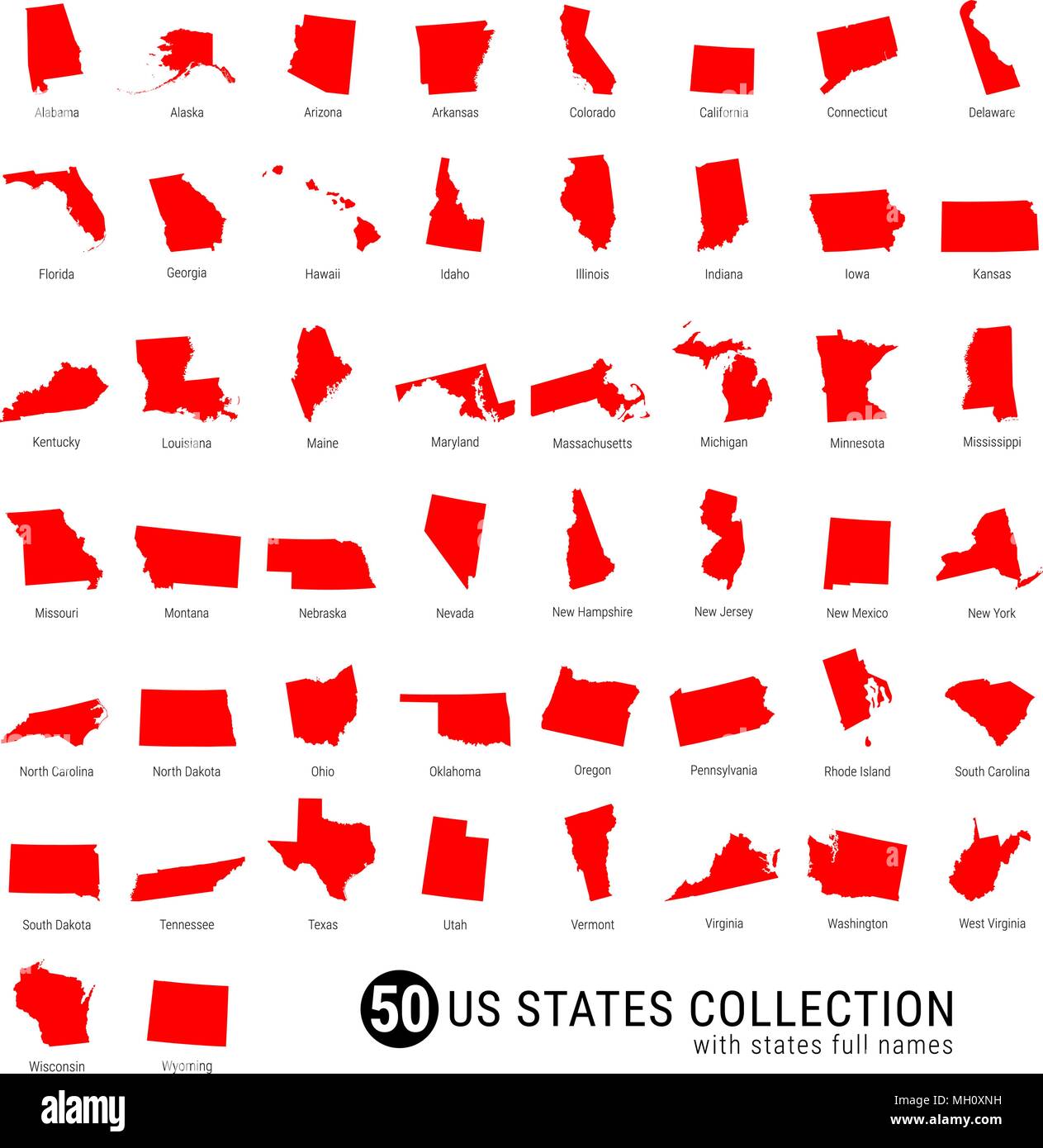 50-nous Membres Vector Collection. High-Detailed Silhouette rouge des cartes de tous les 50 États. Nous joindre Membres avec les noms Illustration de Vecteur