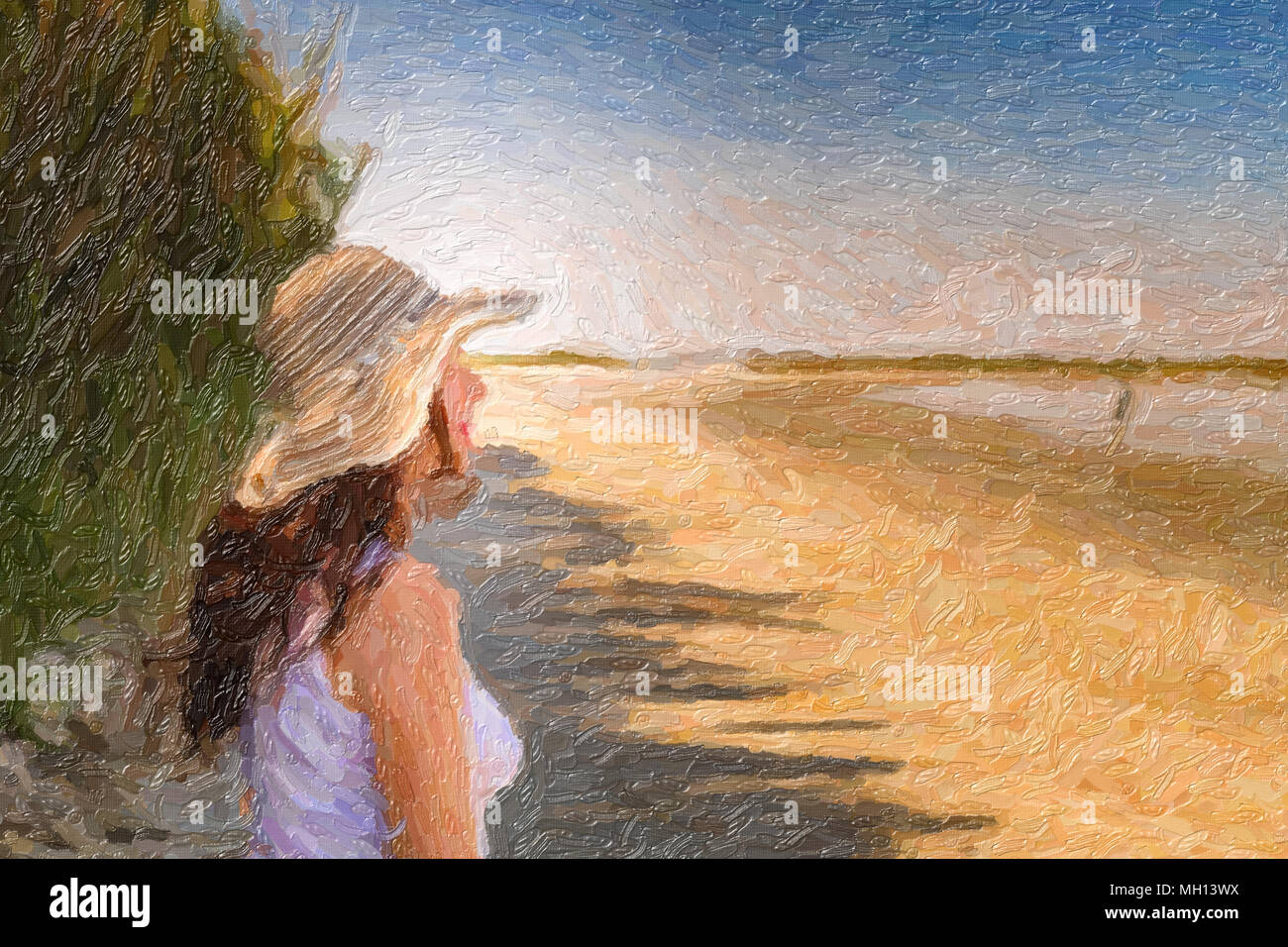 Illustration du beau busty mature femme en très bon état avec large hat smiling sur une plage de split Banque D'Images