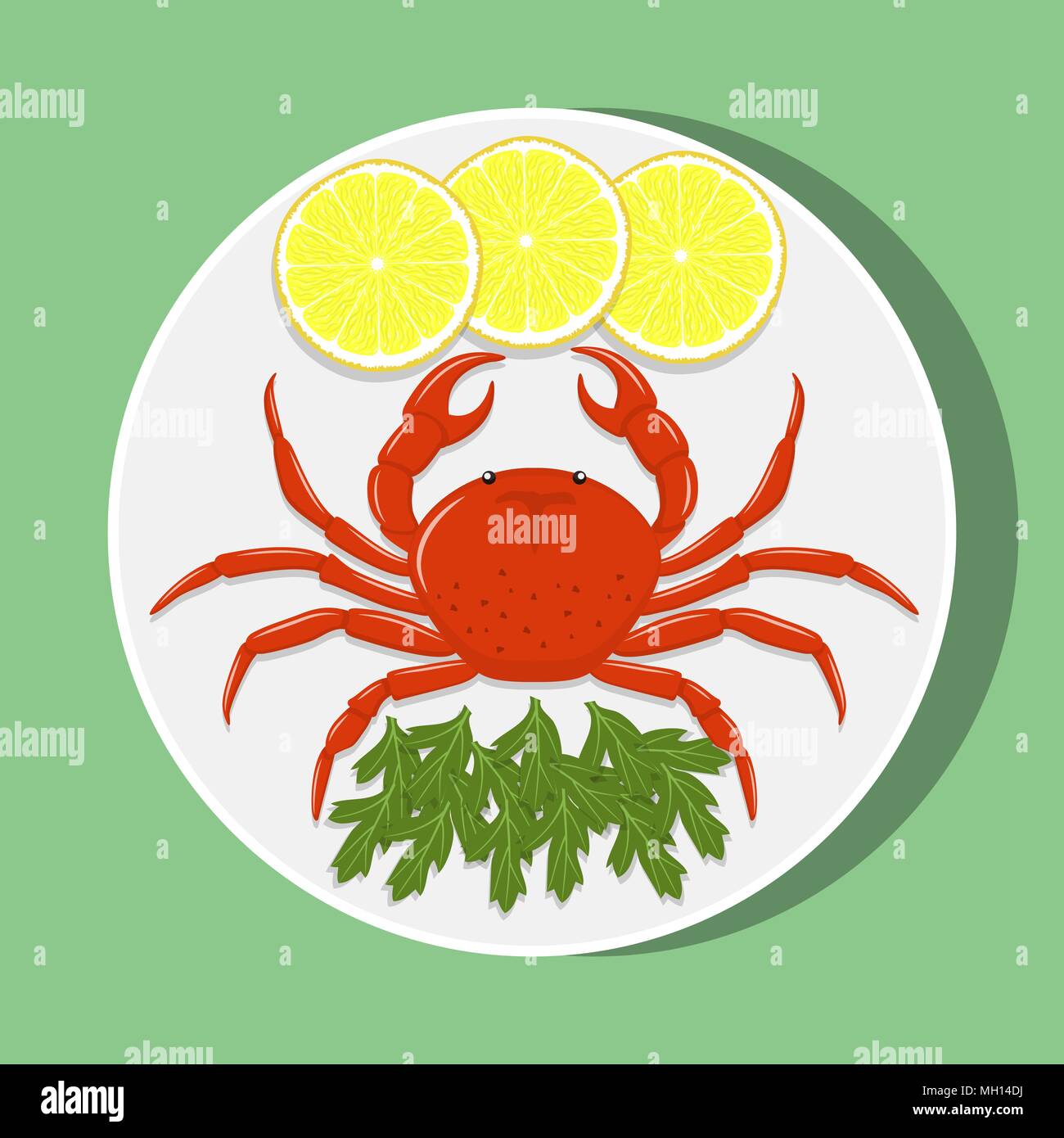 Gros crabe rouge sur plaque blanche avec les tranches de citron et d'herbes. Vector illustration télévision Illustration de Vecteur