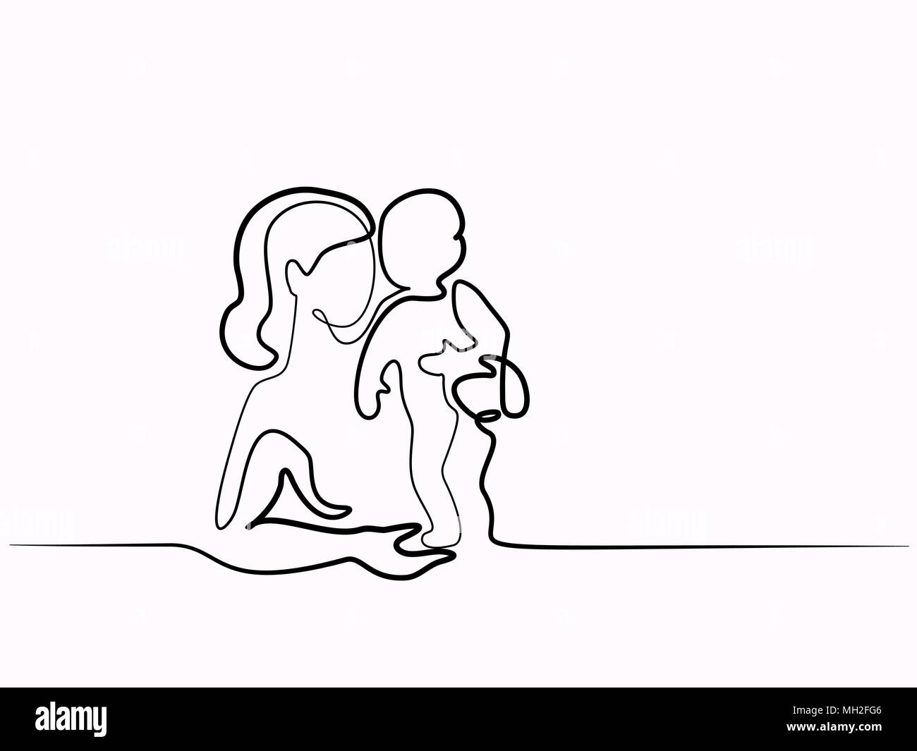 Ligne simple art d'une mère tenant son bébé Illustration de Vecteur