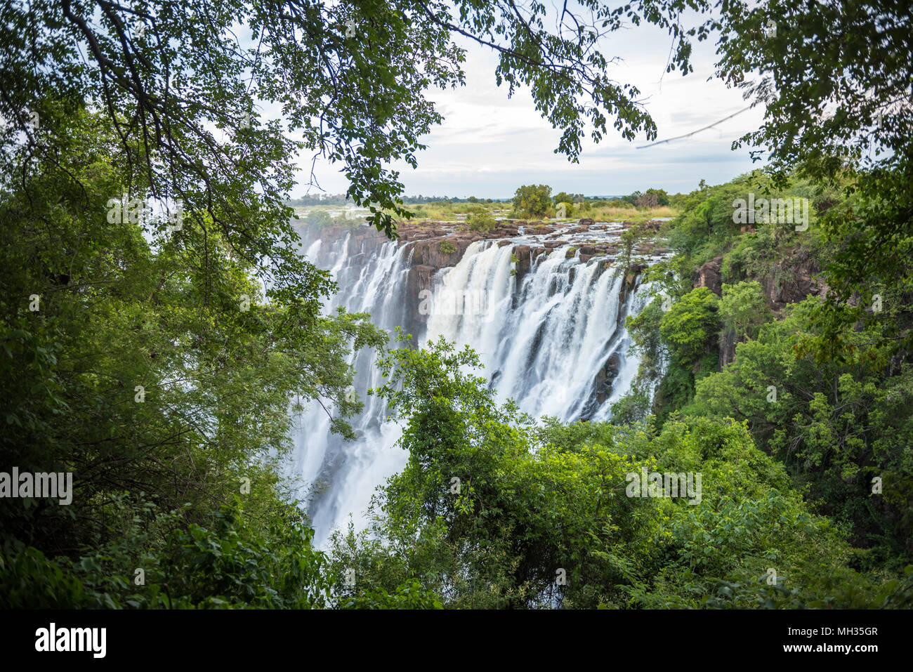 Les eaux tumultueuses de Victoria Falls le brouillard de pulvérisation dans l'air, lesquelles contribuent à l'épaisseur, la végétation luxuriante. Parc national de Mosi-oa-Tunya, Zimbab Banque D'Images
