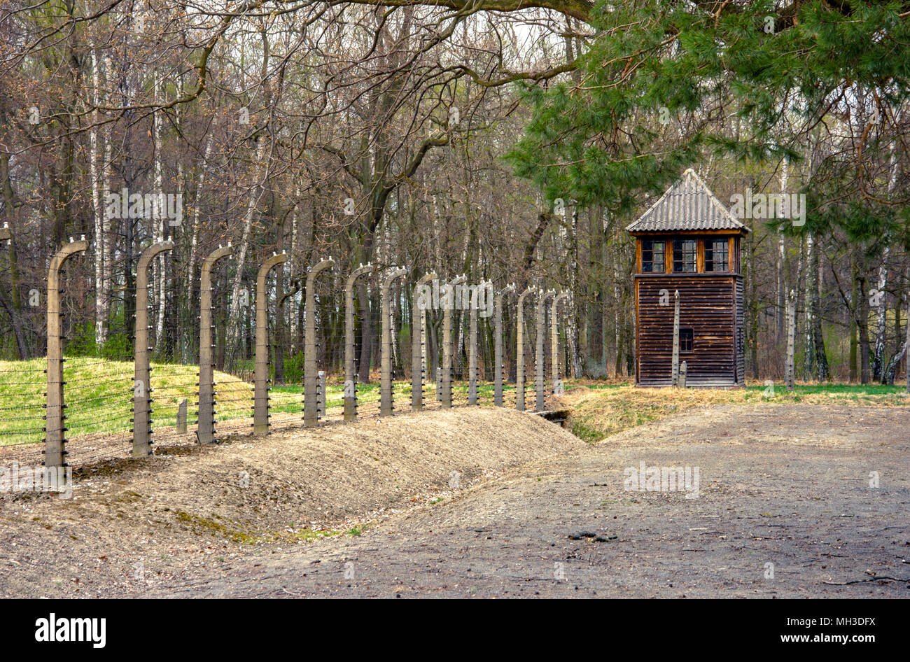 Les barbelés électriques de l'allemand nazi de concentration et d'extermination d'Auschwitz Birkenau camp world heritage, Pologne Banque D'Images
