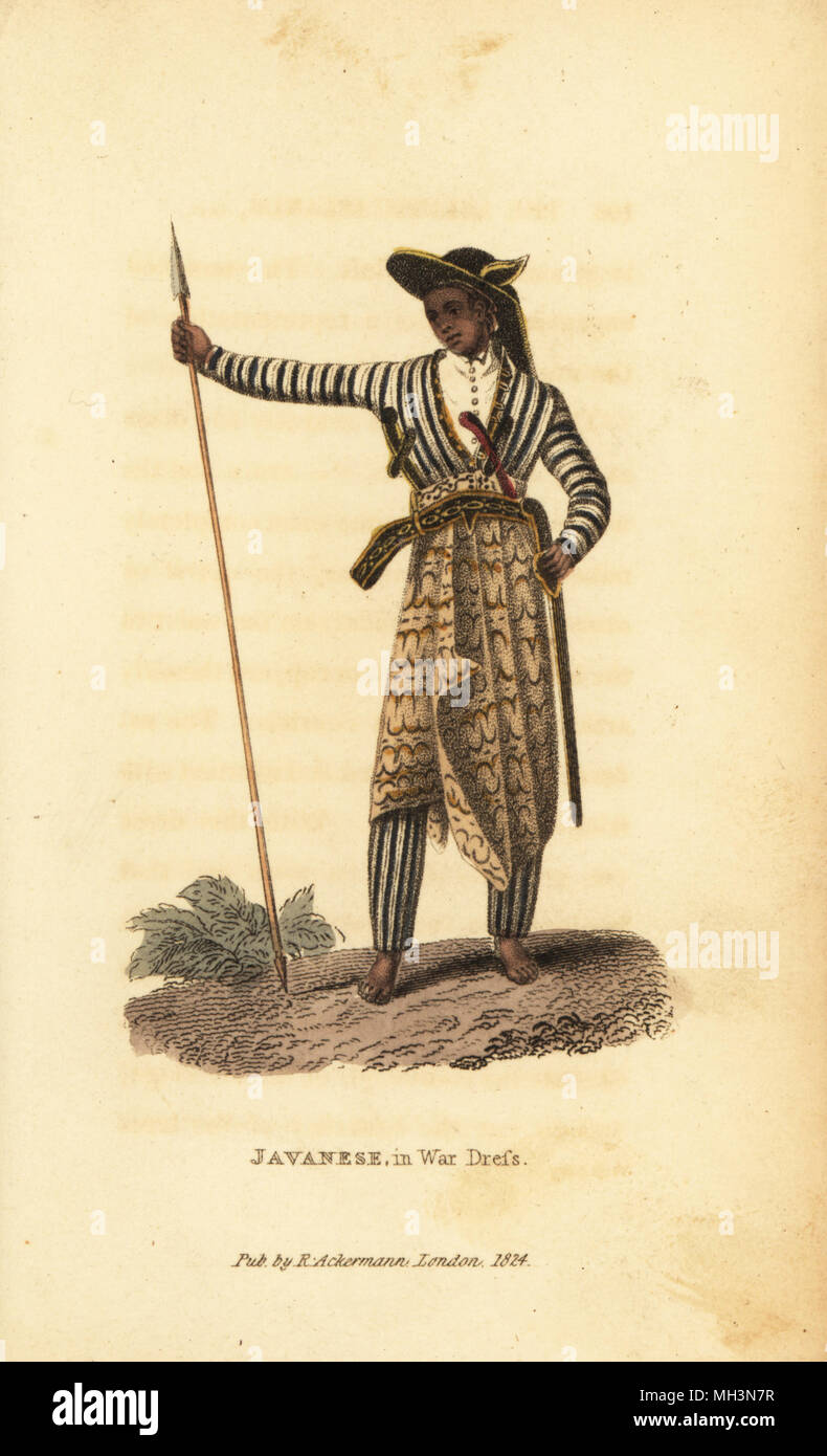 L'homme en robe javanais de la guerre, de l'Indonésie. Il porte des  tchilana tiroirs, katoh manteau, ceinture, amben sanglang kotang et gilets  et sikapan veste. Kris trois épées à sa ceinture. Coloriée