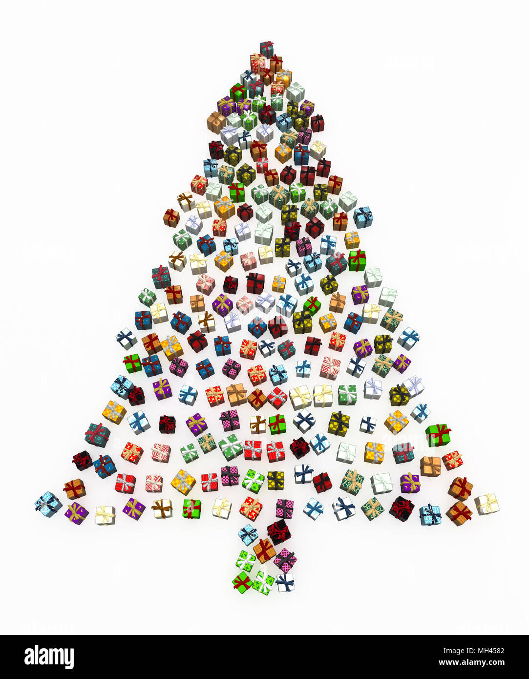 Boîte cadeau enveloppé de nombreuses forme sapin 3d, isolés, sur fond blanc Banque D'Images