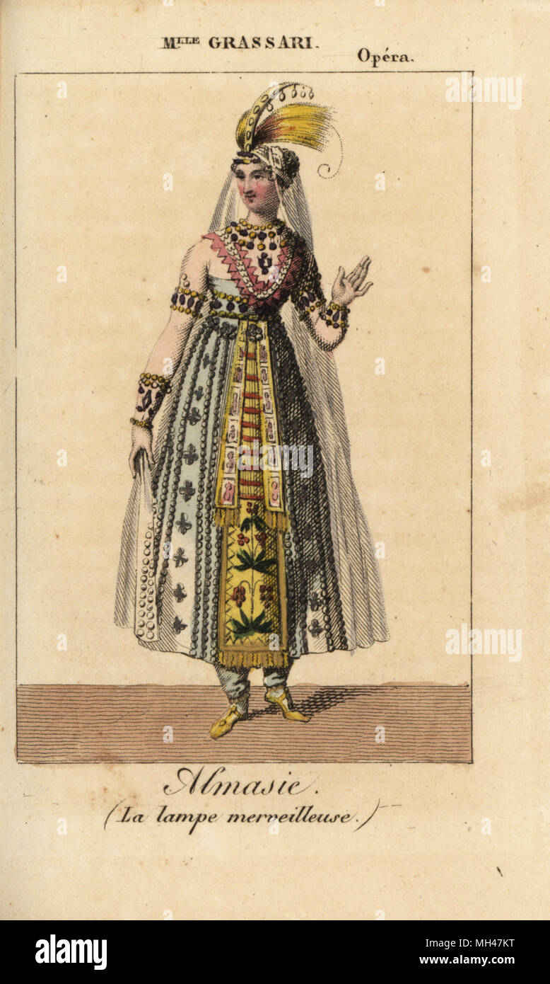 Chanteuse soprano française Mlle Grassari Almasie comme dans la lampe merveilleuse à l'Opéra. Coloriée à la gravure sur cuivre de Charles Malo's Almanach des spectacles par K. Y. Z, Chez Louis Janet, Paris, 1823. Banque D'Images